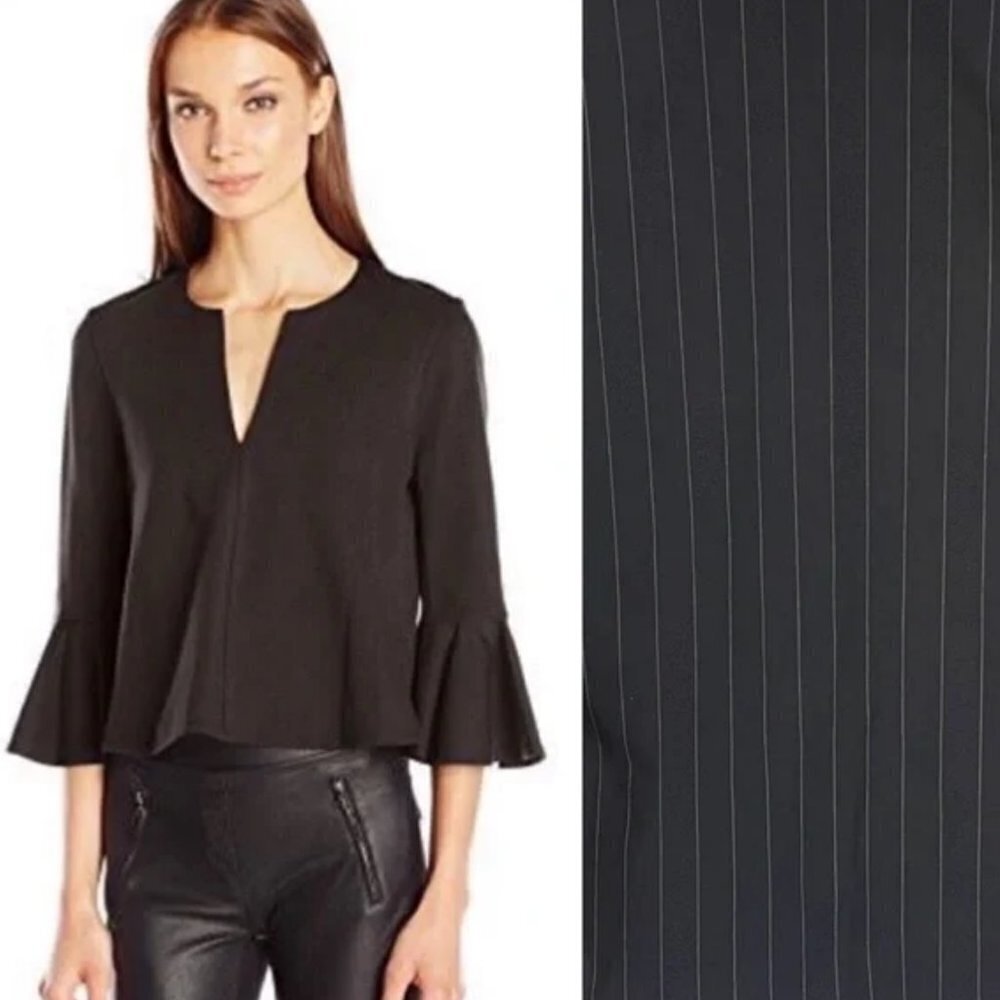 BCBGMaxAzria Black Pinstriped Split Crew Beck Bell Sleeve Blouse / Top Size XXS